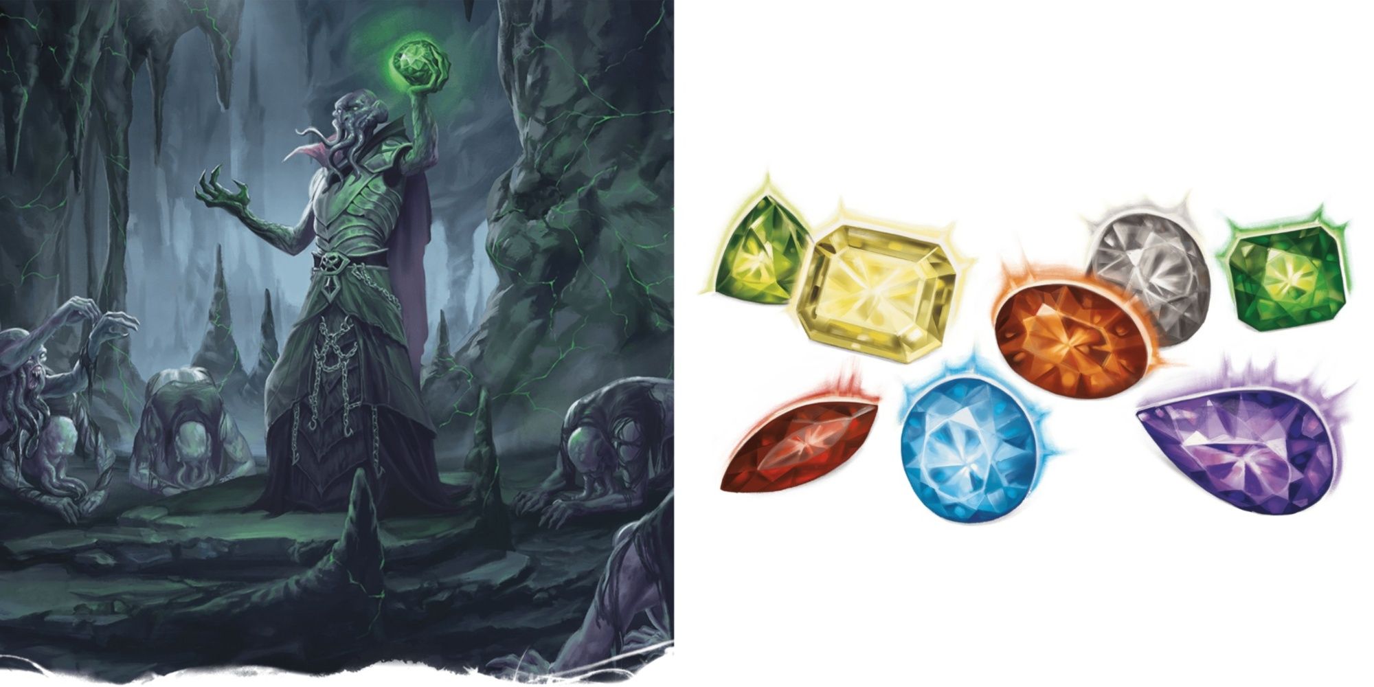 DND Split image of a mindflayer holding a mind crystal and mind crystals spread out over a blank background.
