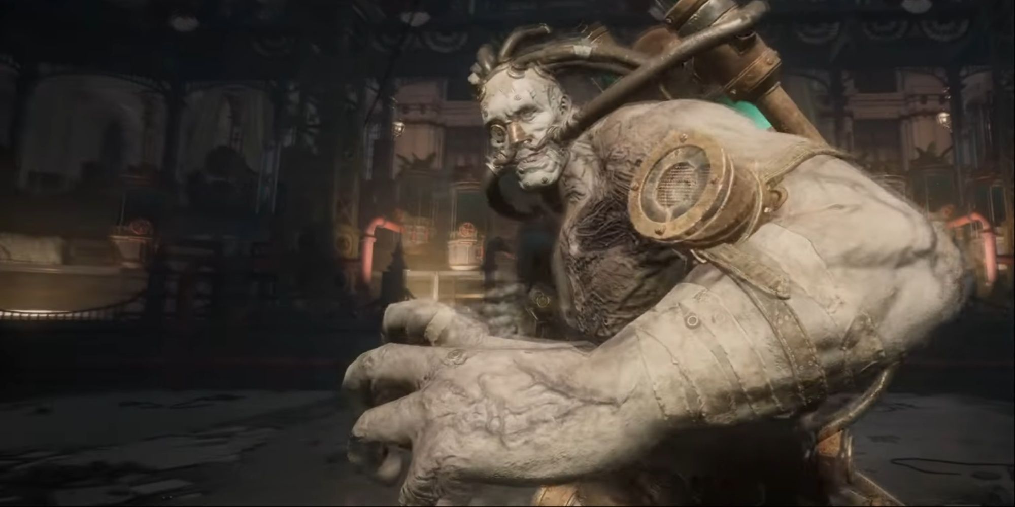 A still of Lies of P's boss Champion Victor showing off his moves by swinging and punching the air prior to your battle.