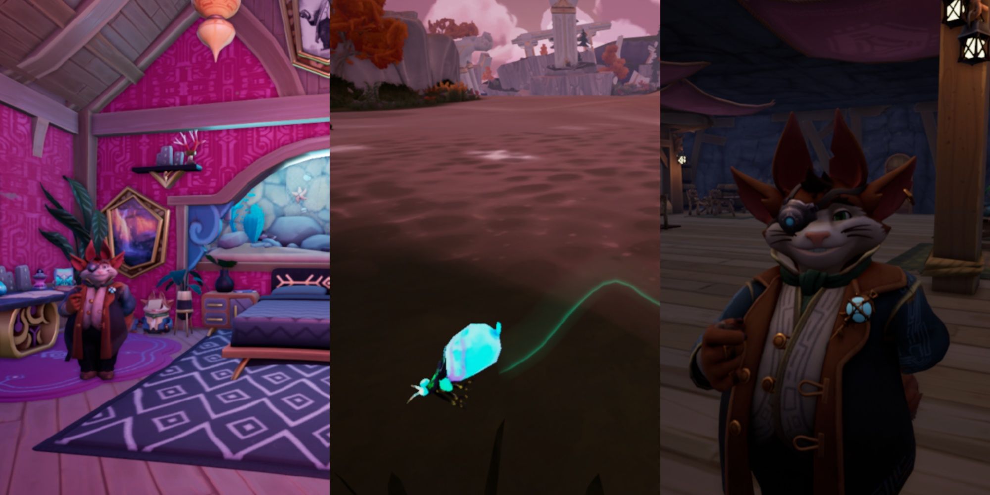 Split image featuring Zeki in his room, a Paper Lantern Glowbug flying by in the evening at Bahari Bay, and Zeki in his underground shop at night in Palia.