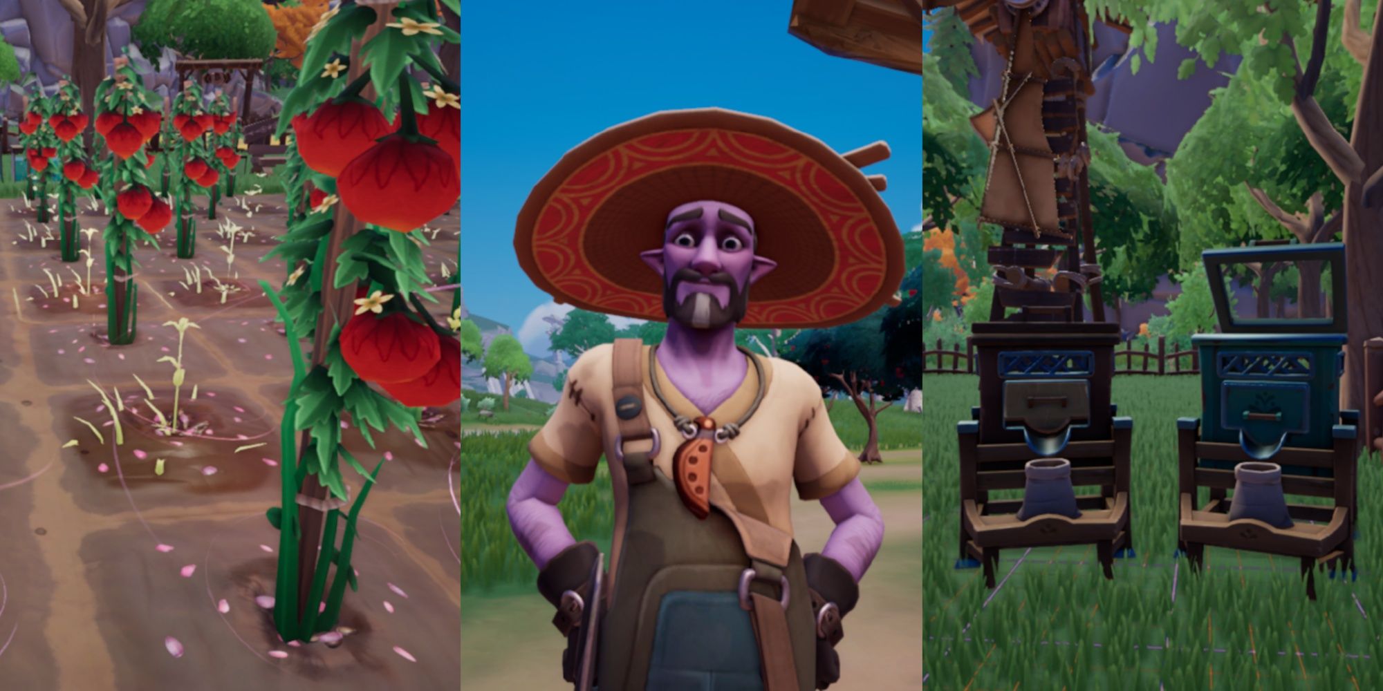 Split image featuring several rows of mature Tomato plants, Badruu standing by his apple orchard during the day, and a Worm Farm and a Glow Worm Farm next to each other in front of a windmill on a player housing plot in Palia.