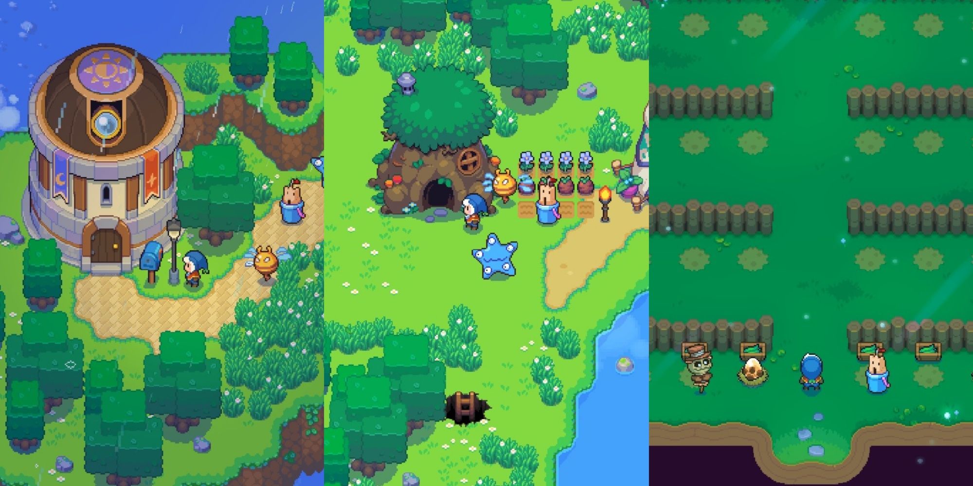 Split image featuring the player character and two Spirits outside of Zed's house, the player character and three spirits outside a Spirit Barn, and the inside of a Spirit Barn with several Spirits sitting in stalls in Moonstone Island.