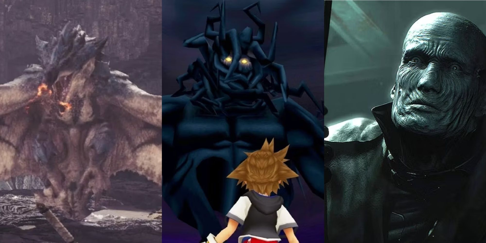 Azure Rathalos in the air in Monster Hunter World, Sora looking up at Darkside in Kingdom Hearts, Mr. X without his hat in Resident Evil 2 Remake, left to right