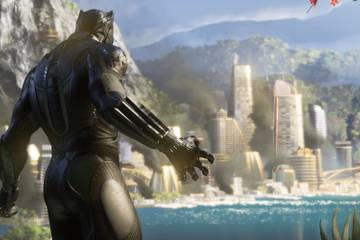 black panther looking across the water at a wakandan city in marvel's avengers