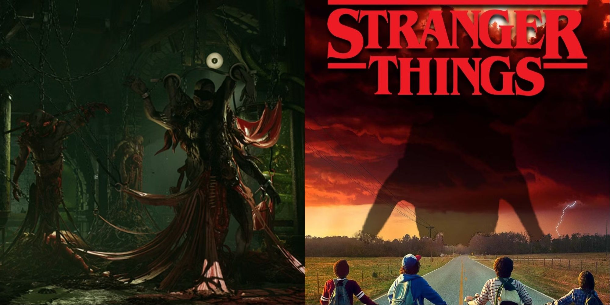 Split-image of the Flesh Pits part of Shang Tsung's lab and the poster for Netflix's Stranger Things series with the main cast.
