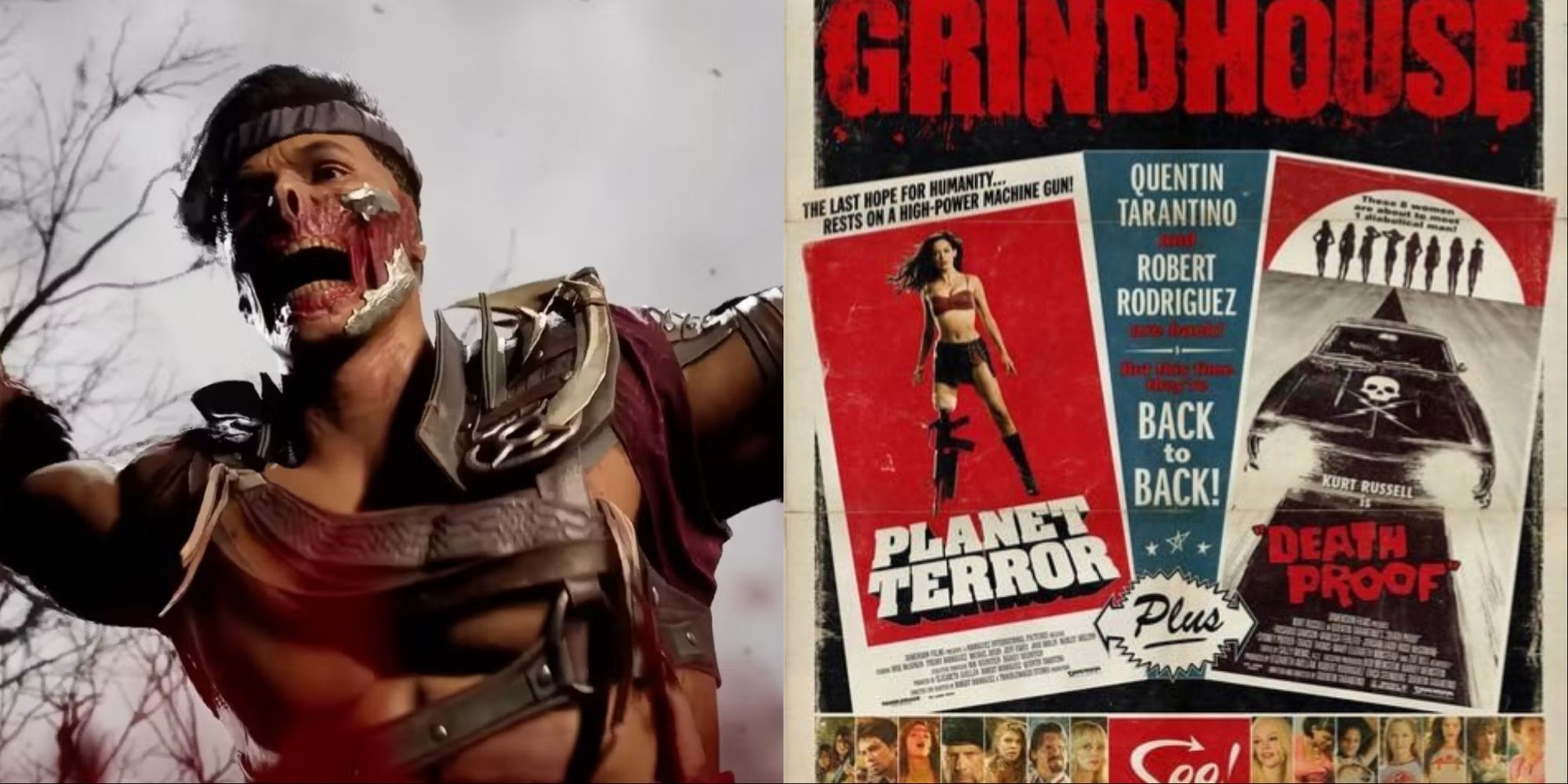 A split-image of Havik amid a bloody background in MK1 and the poster for Quentin Tarantino's and Robert Rodriguez's Grindhouse films Planet Terror and Death Proof.