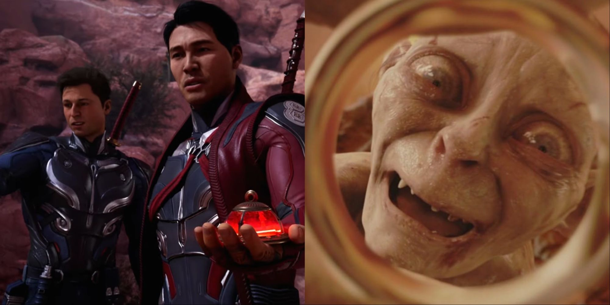 A split-image of Johnny next to Kenshi, who's holding the red talisman, and Gollum falling into Mount Doom with the ring ("precious").