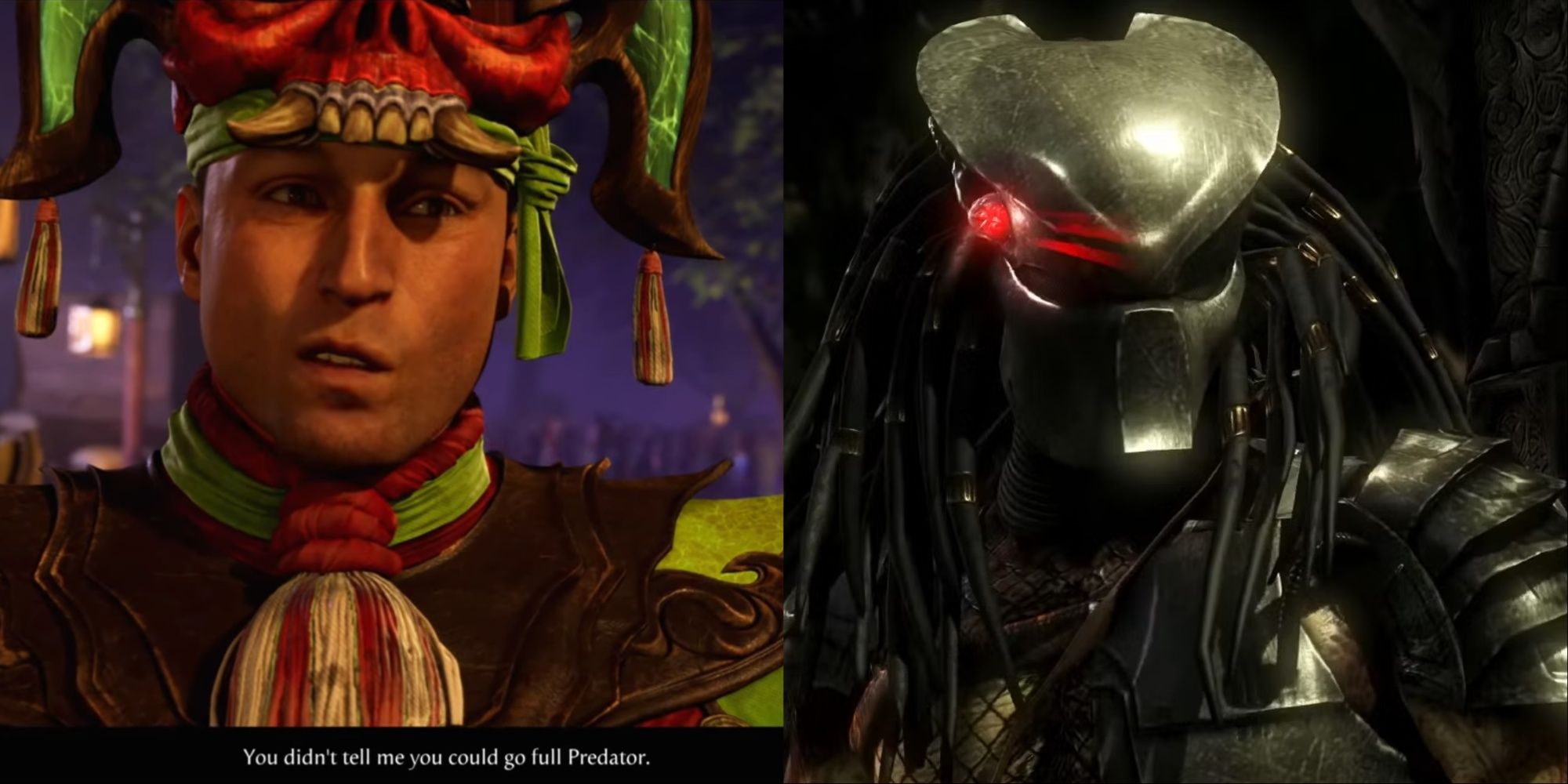 Split-image of Johnny in his festival disguise reacting to Reptile's cloaking ability and Predator from MKX.