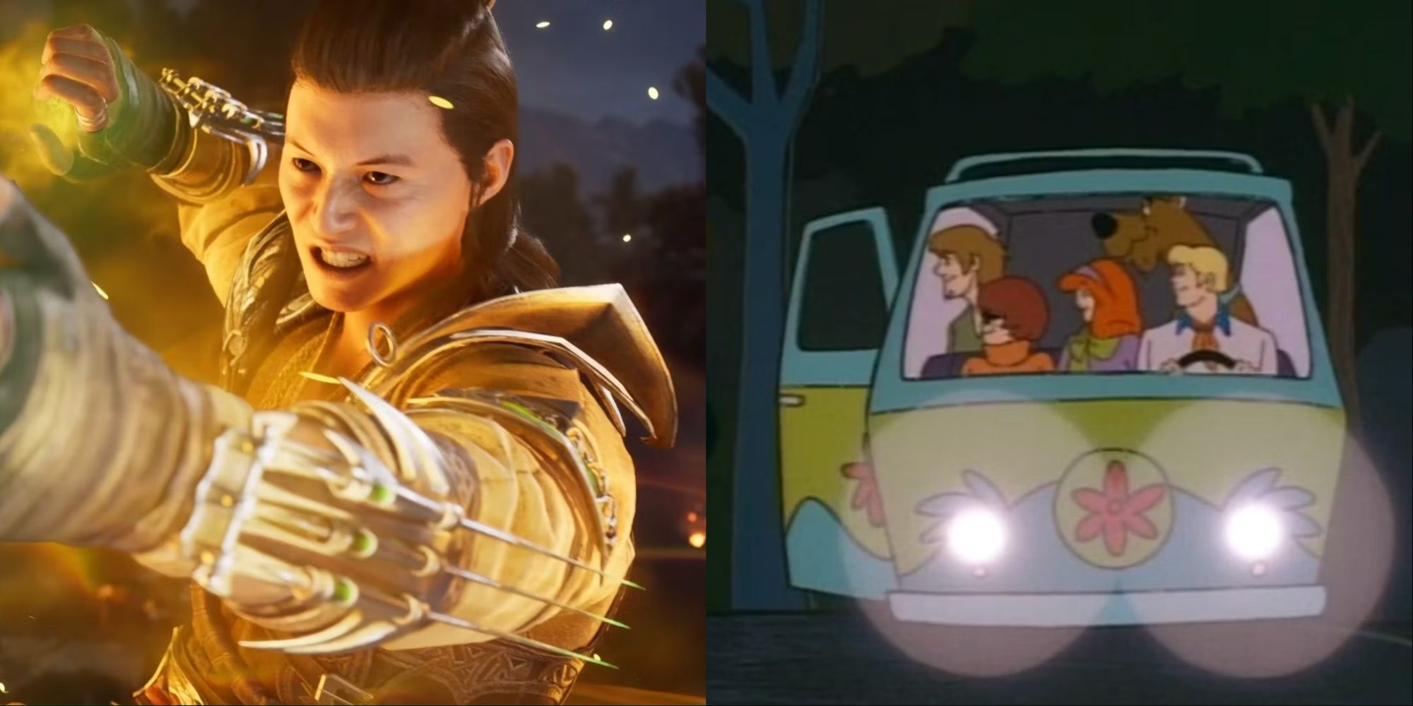 Split-image of Shang Tsung from MK1 and the main characters in Scooby-Doo inside their Mystery van.