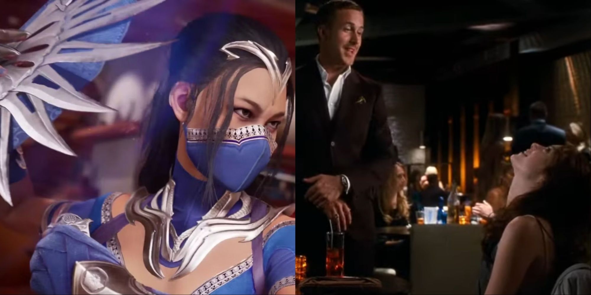 A split-image of Kitana waving her bladed fan weapon in MK1, and Ryan Gosling delivering the same "Your're doing that outfit a favor" line to Emma Stone in the movie Crazy, Stupid, Love.