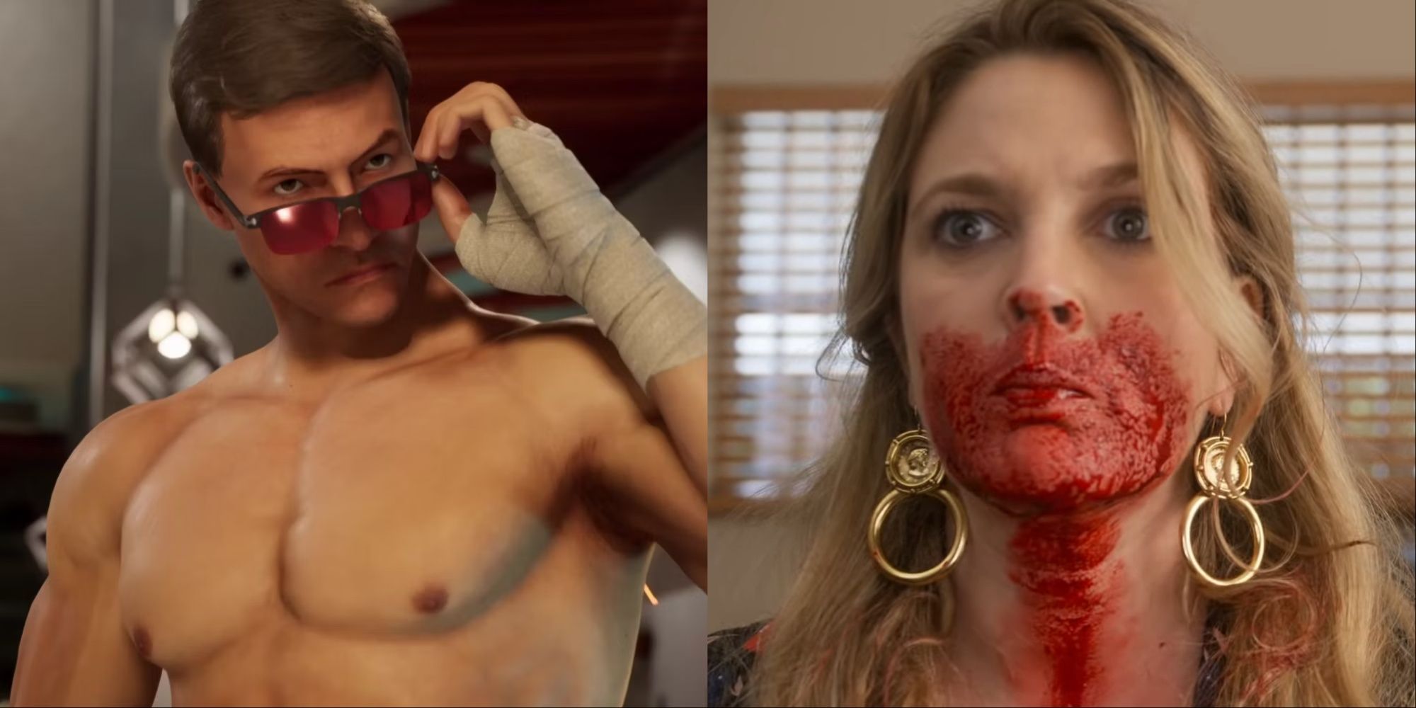 Split-image of Van Damme Johnny lowering his sunglasses and Drew Barrymore as a bloody Sheila Hammond from the trailer of Netflix's Santa Clarita Diet.