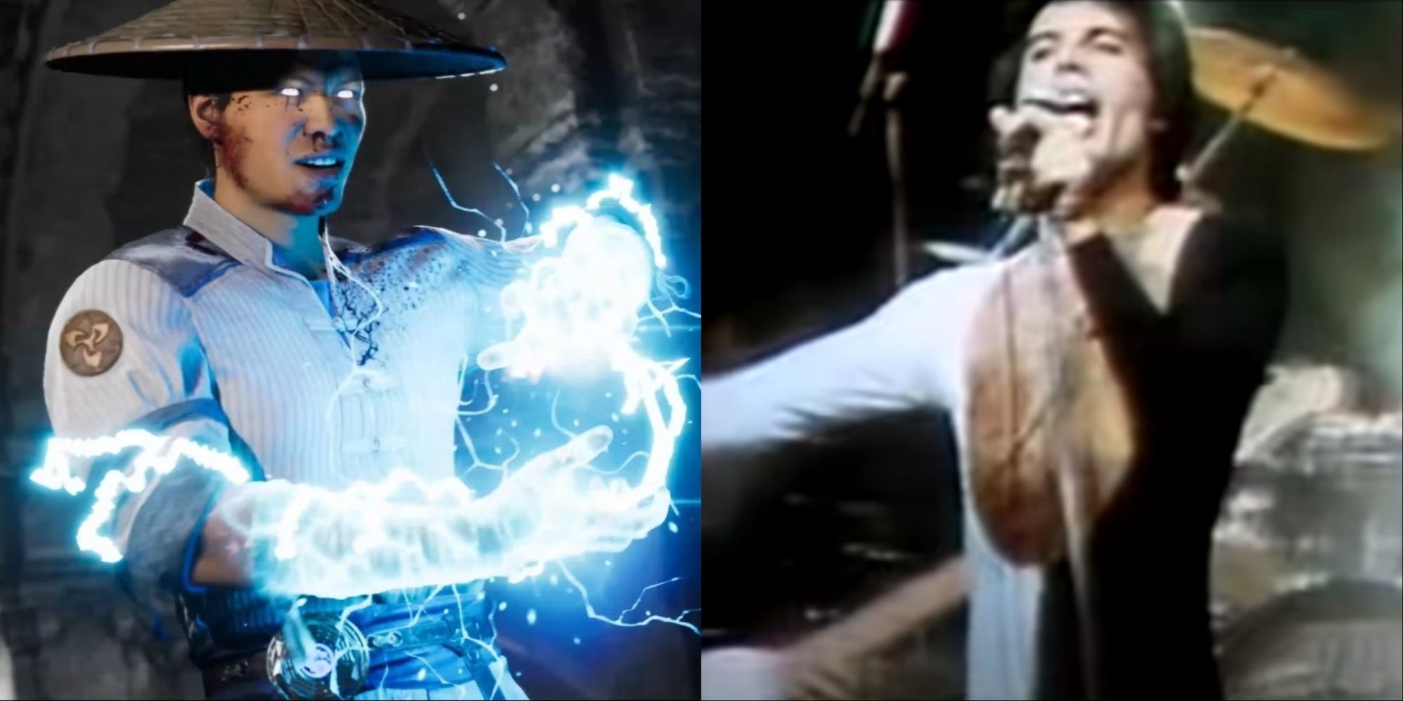 Split-image of Raiden using his lightning powers in Mk1, and Freddie Mercury on stage singing Queen's "We Are the Champions" in the music video. 