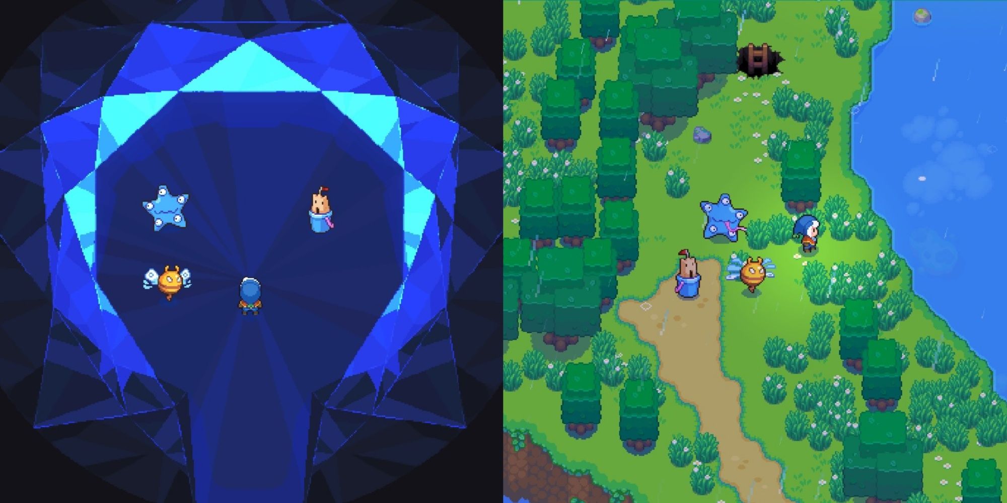Split image featuring the player character and a Capacibee, Sandcrashle, and a Starsee in the Spirit Medallion, and the player character, Capicibee, Sandcrashle, and Starsee in the forest near a lake in Moonstone Island.