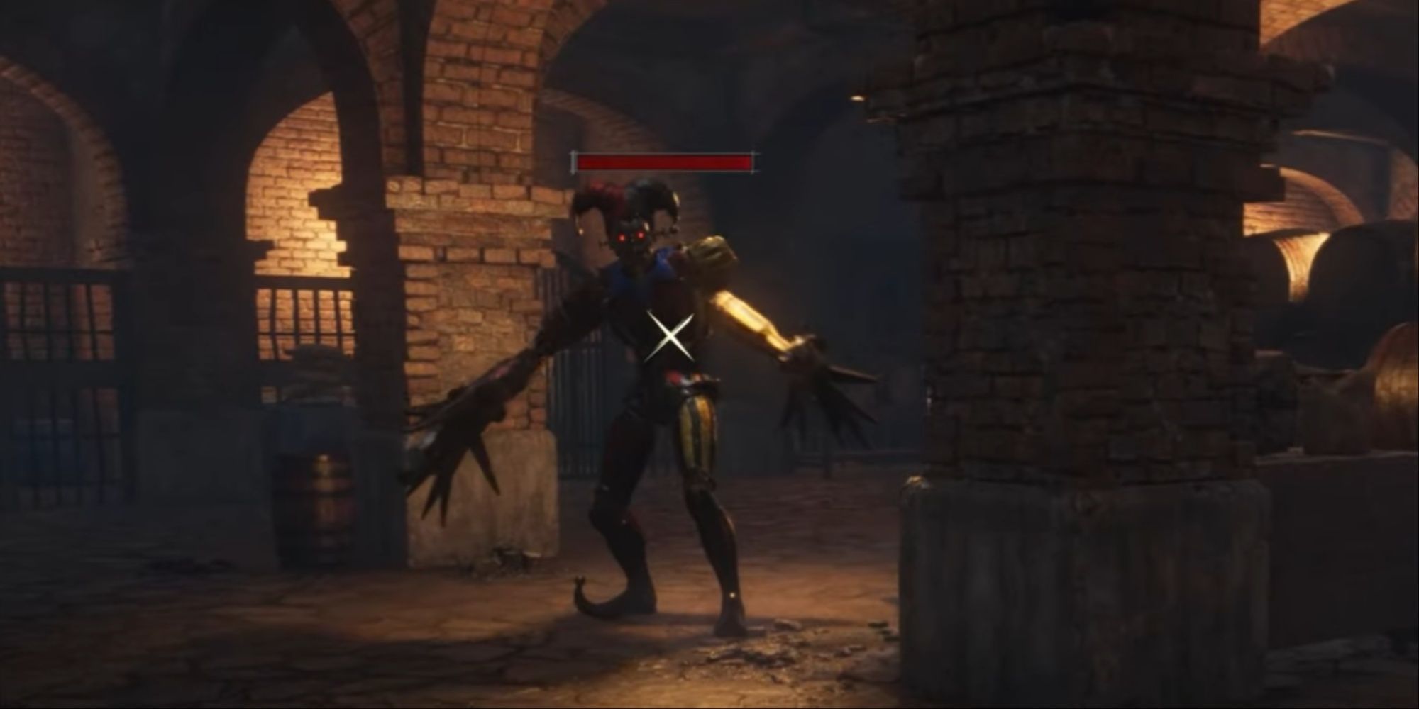 The tall and creepy Jester puppet holding its spiked weapon hands out before attacking the player.