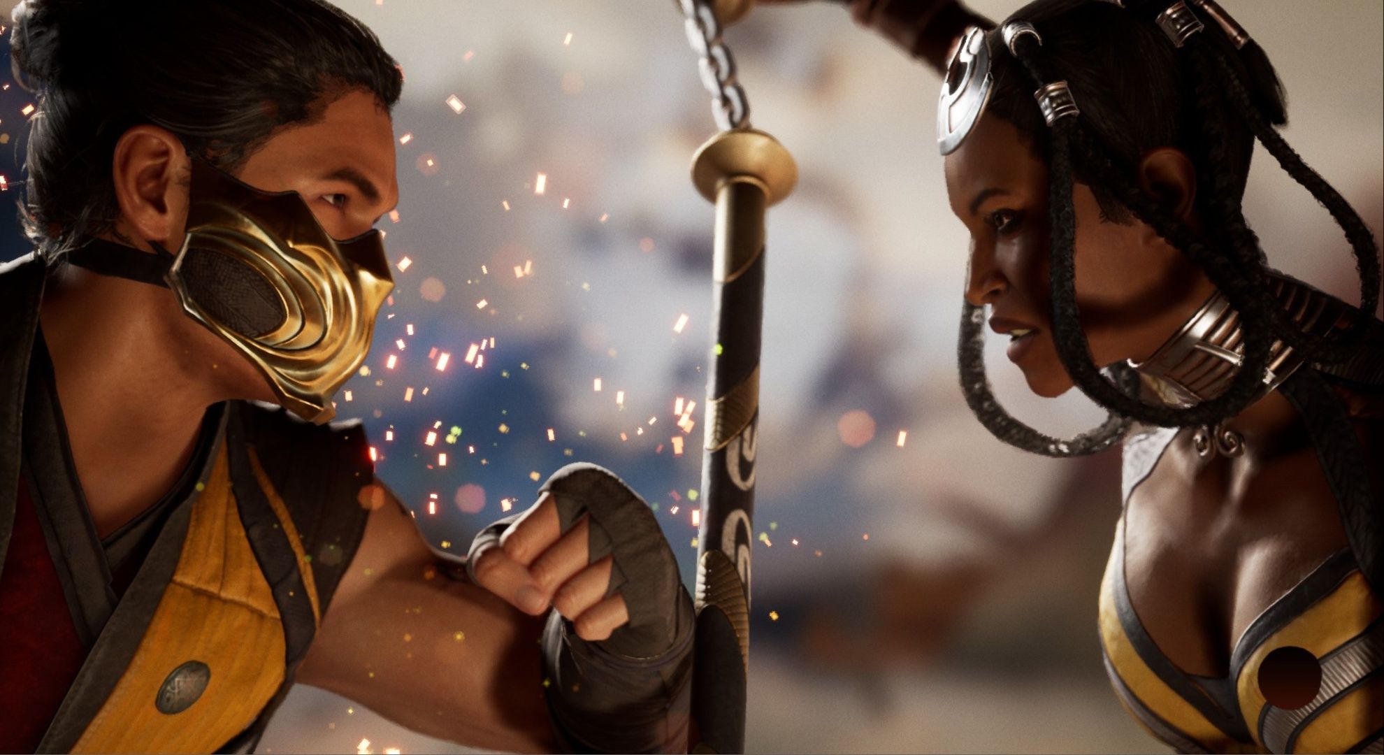 Scorpion and Tanya clashing against each other preparing to fight in Mortal Kombat 1.