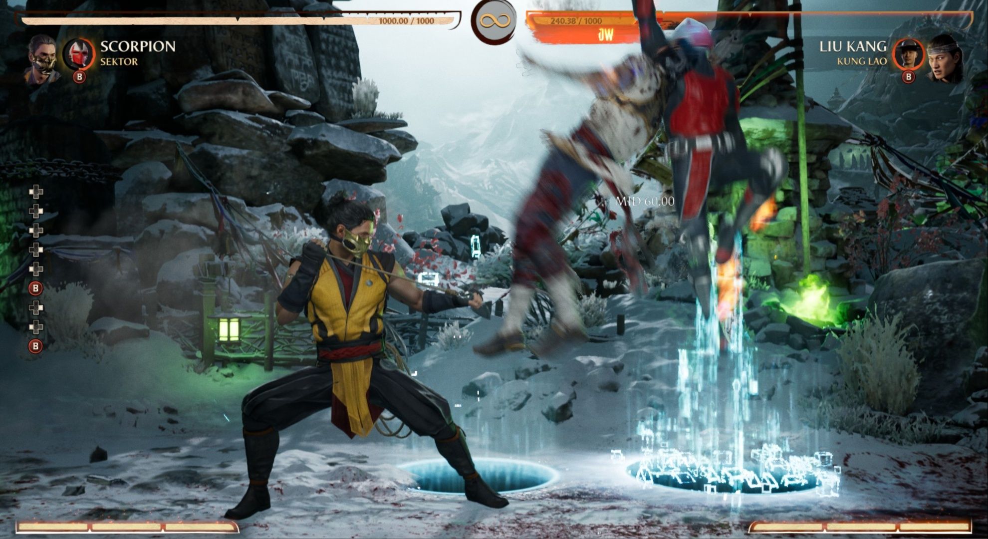 Scorpion having Sektor perform a Kameo on Liu Kang to launch him in the air in Mortal Kombat 1.