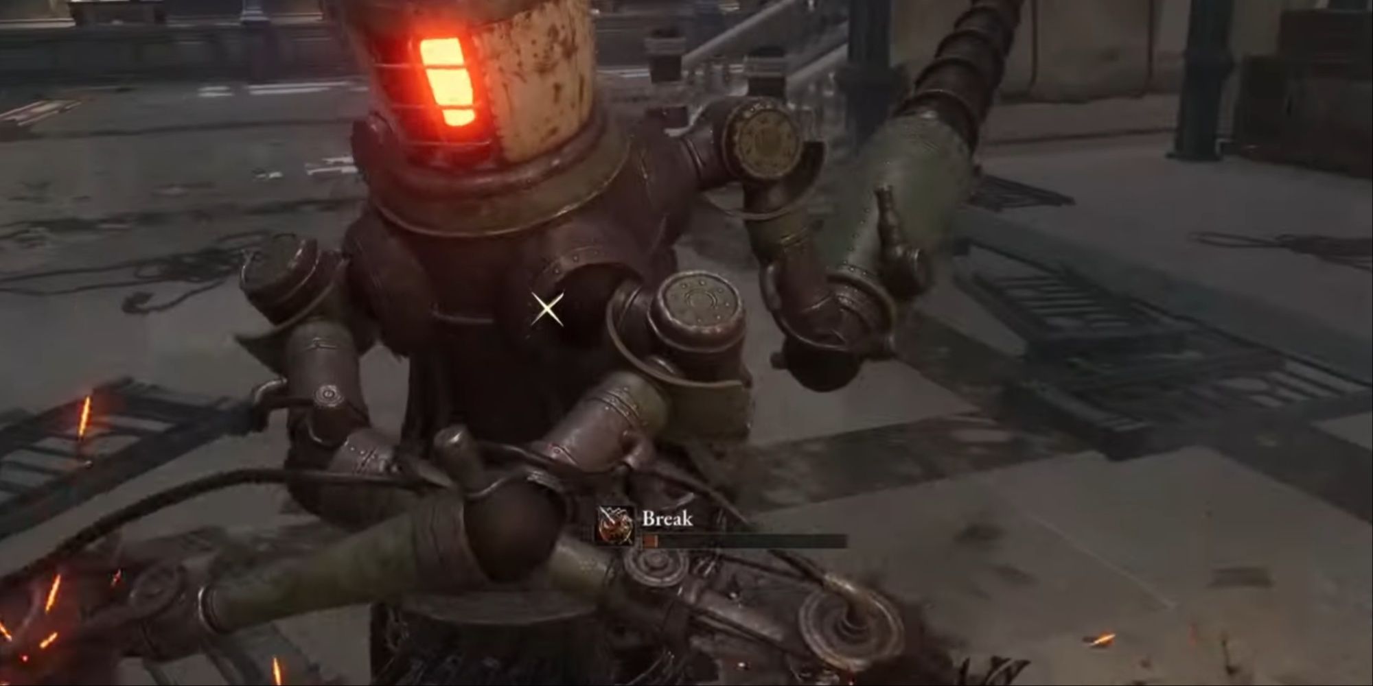 The rill And Buzz Saw Mech Miniboss attacking the player with its buzz saw arms, drills sticking out from the back.