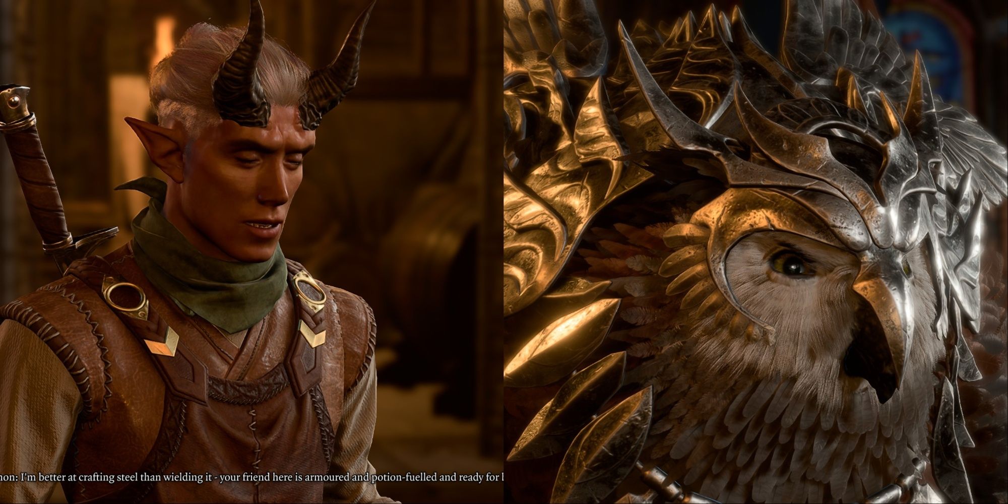 Split Image of Dammon And Armored Grown Owl Bear Cub Pledging allegiance to player in Baldur's Gate 3.