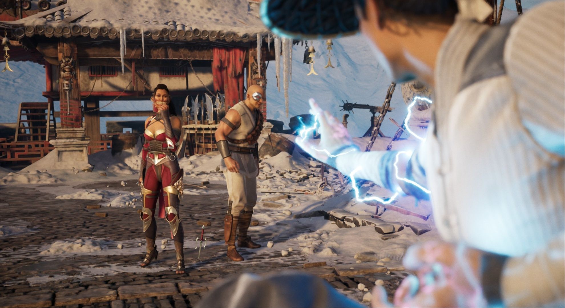 Mileena and Kano standing in the background, ready to fight Raiden in Mortal Kombat 1.