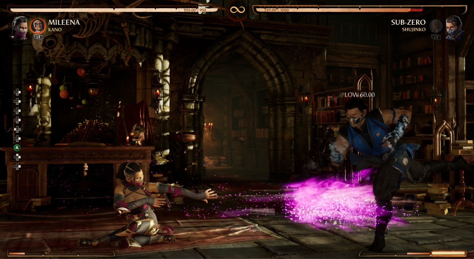 Mileena using her Low Sais special to land a hit on Sub-Zero in Mortal Kombat 1.