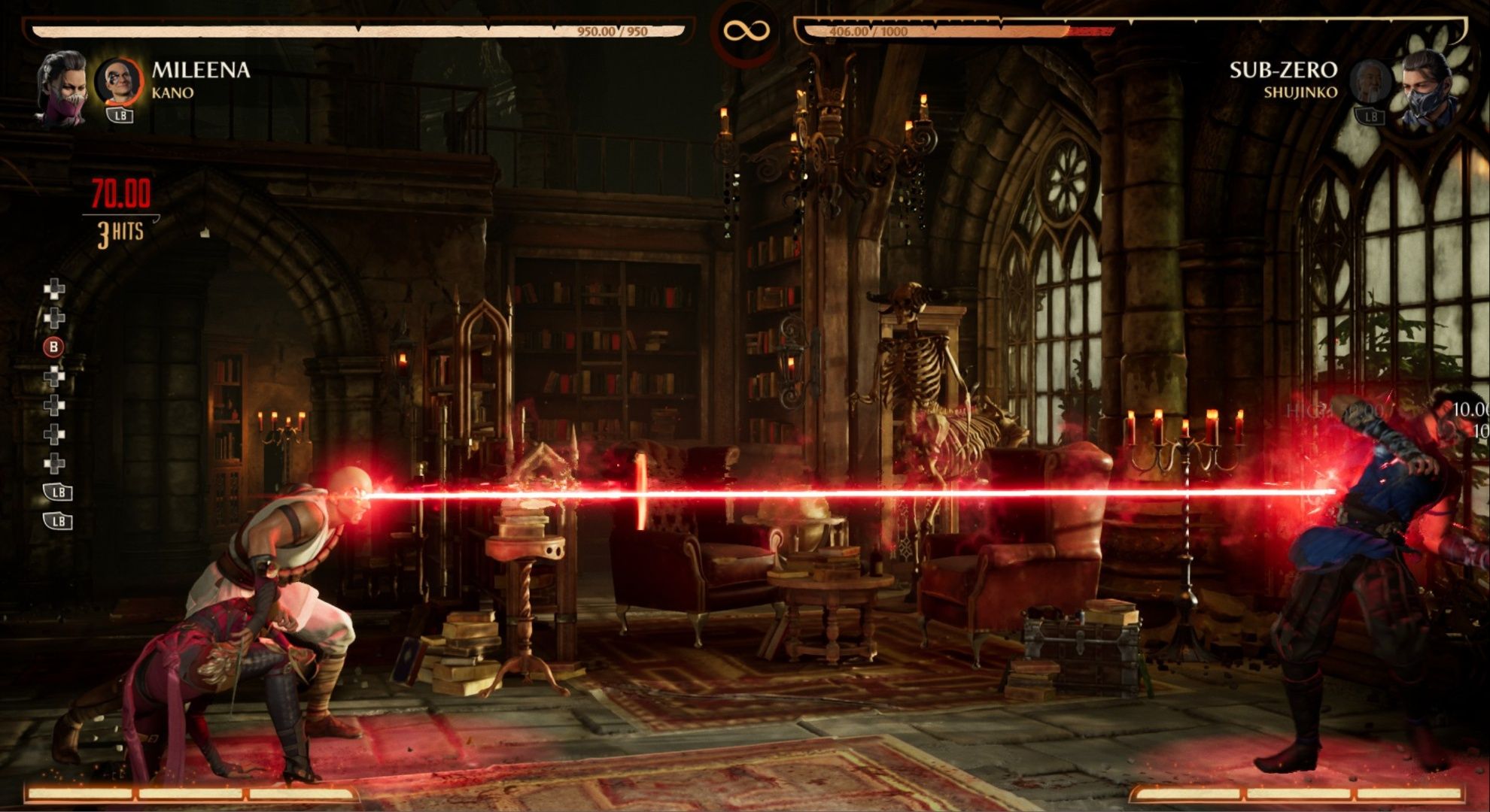 Kano using his eye laser against Sub-Zero with Mileena by his side in Mortal Kombat 1.