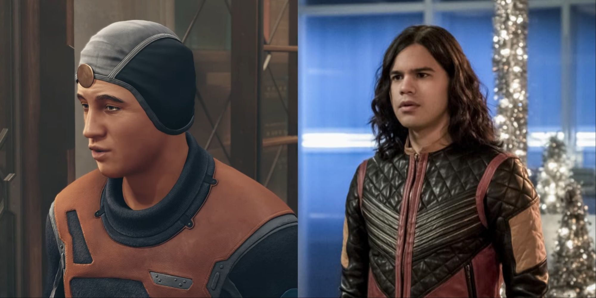 A split-image of Matteo conversing with Constellation members looking away from the camera and Carlos Valdes dressed in Star Labs in his Vibe costume in an episode of The Flash.