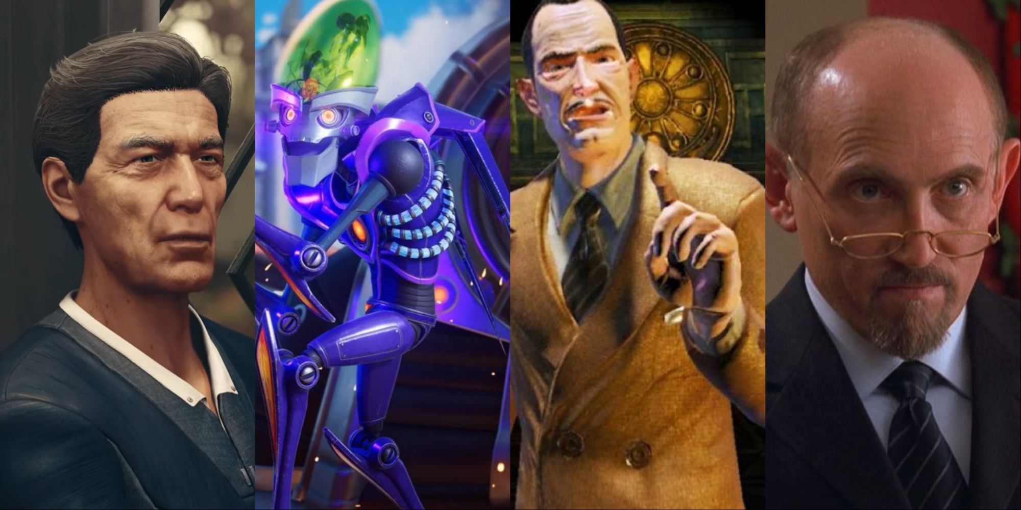Four-image collage of Walter Stroud in Starfield, Dr. Nefarios in Ratchet and Clank, Andrew Ryan in BioShock, and Armin Shimerman playing a role in a movie.
