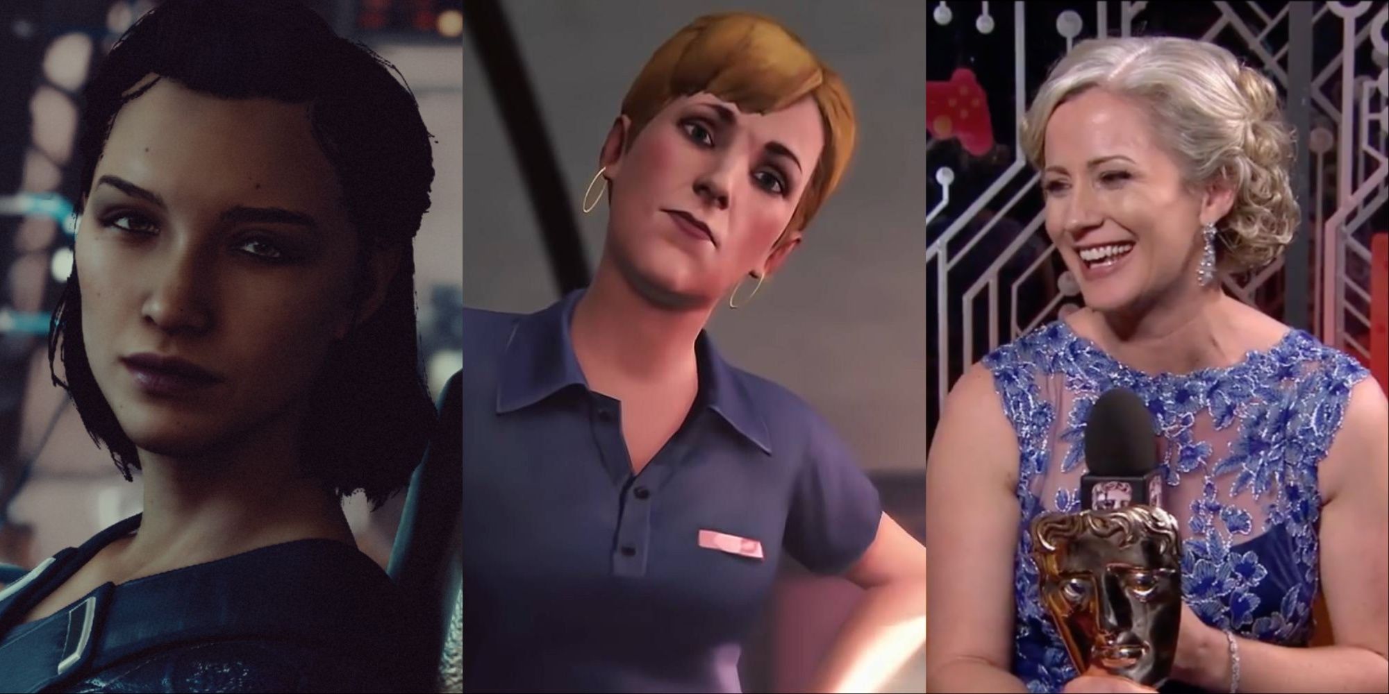 Three-image collage of Andreja in Starfield, Chloe's mom Joyce in Life is Strange, and actress Cissy Jones holding a Bafta during an interview.