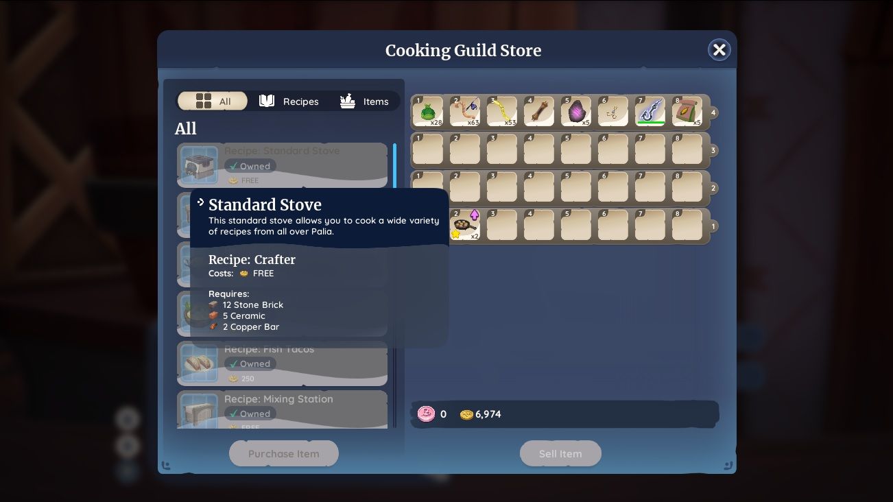 Player character in Reth's Cooking Guild store and showing off an already purchased Standard Stove recipe in Palia.