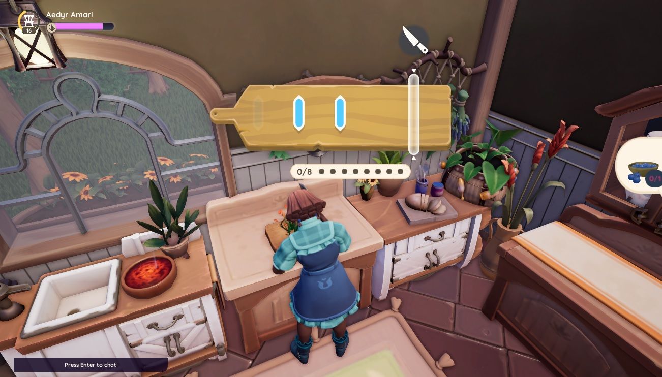 Player character in the middle of the cutting minigame while cooking in Palia.