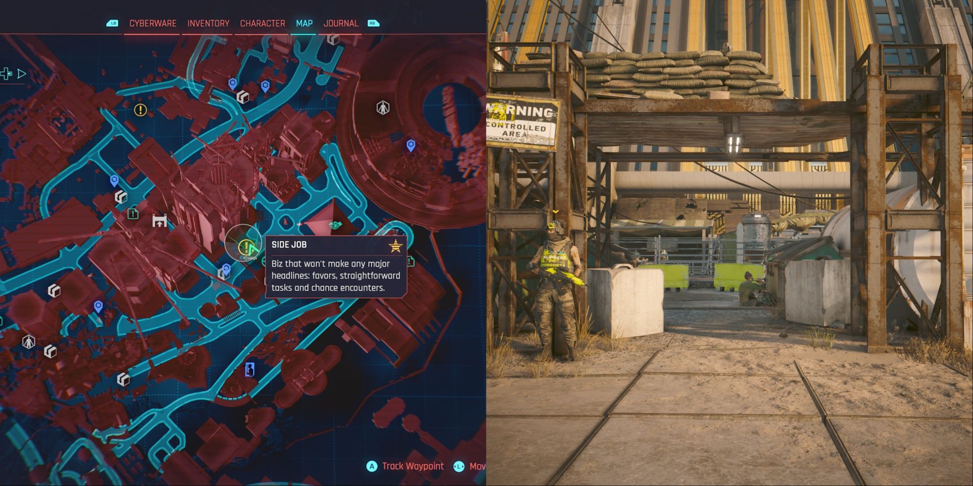 Cyberpunk 2077 Phantom Liberty Split Image Balls To The Wall Quest Start On Map and Entrance To Camp