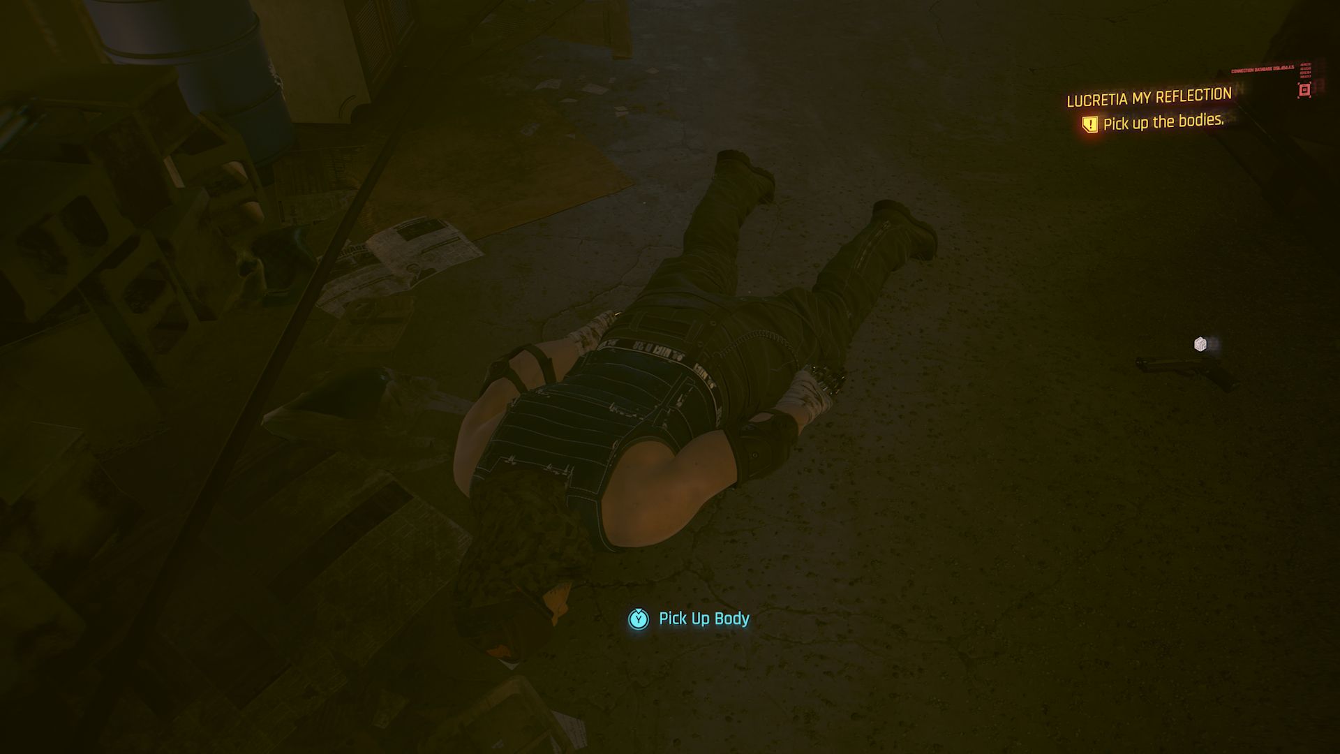 Cyberpunk 2077 Phantom Liberty Screenshot Of Dead Body With Pick Up Body prompt