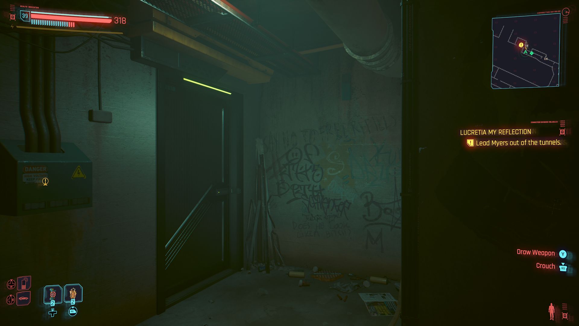 Cyberpunk 2077 Phantom Liberty Screenshot Of Door And Camera With Graffiti In-between Them