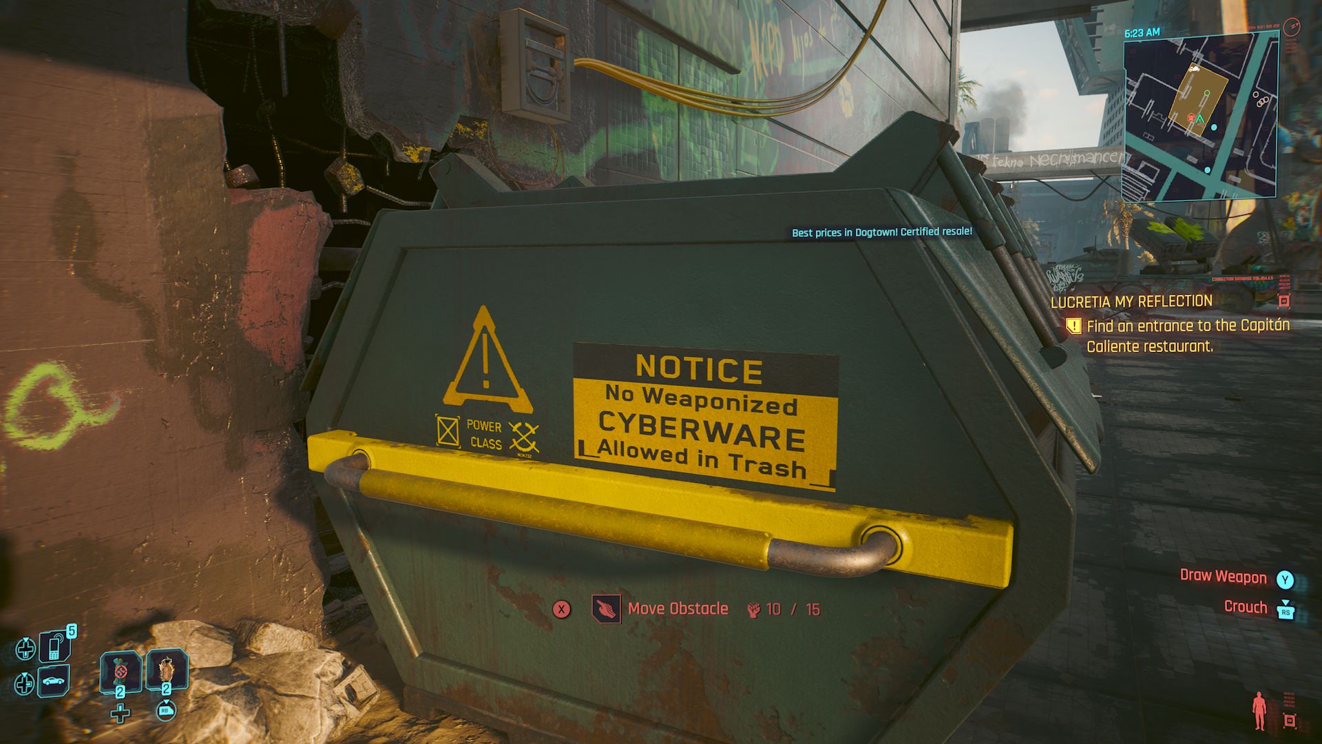 Cyberpunk 2077 Phantom Liberty Screenshot Of Dumpster Blocking Hole In The Side Of Restaurant