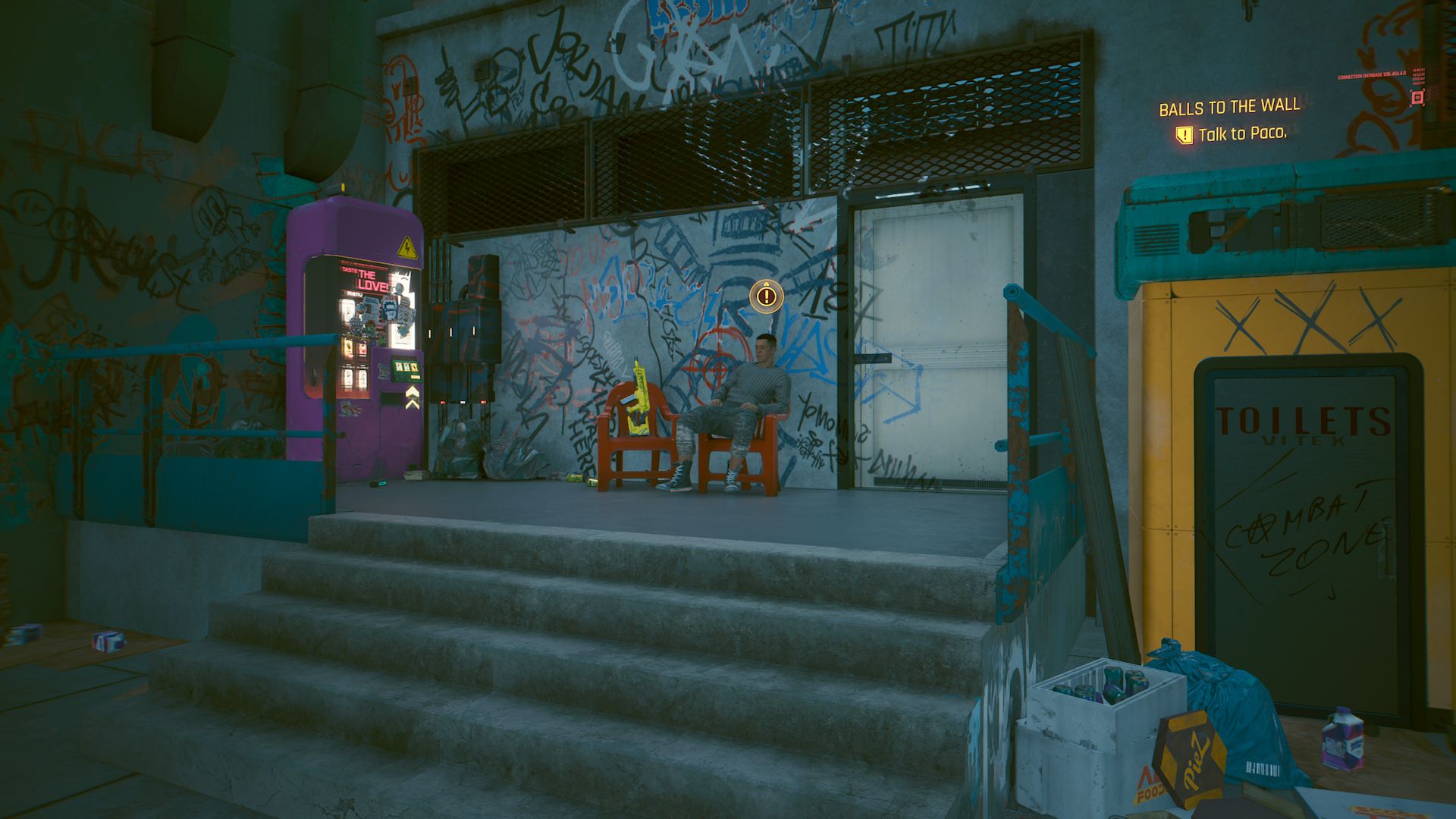 Cyberpunk 2077 Phantom Liberty Screenshot Of Paco In Night City Sitting On a Plastic Chair with a gun beside him