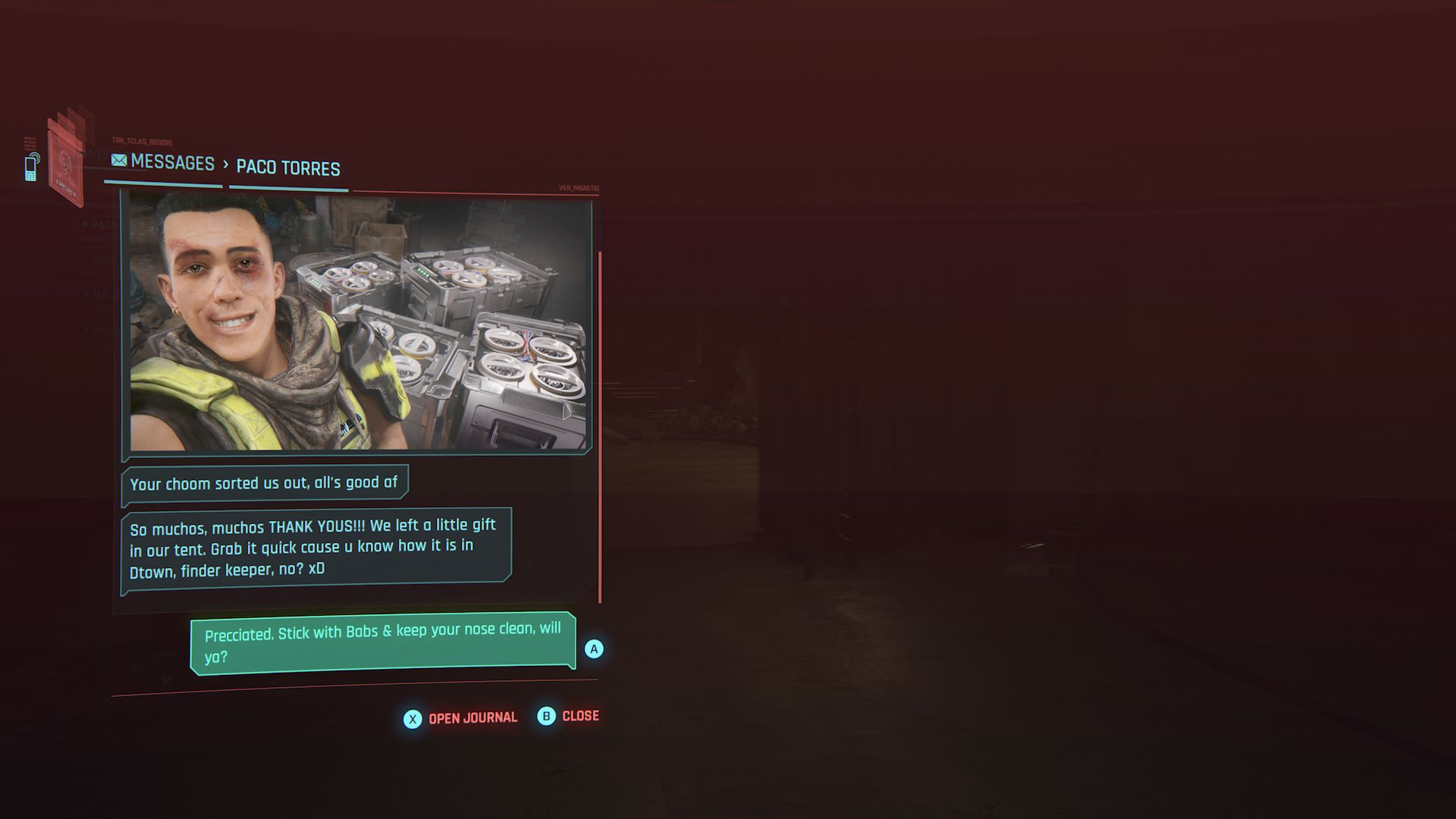 Cyberpunk 2077 Phantom Liberty Screenshot Of Paco Message Celebrating Acquiring Generators