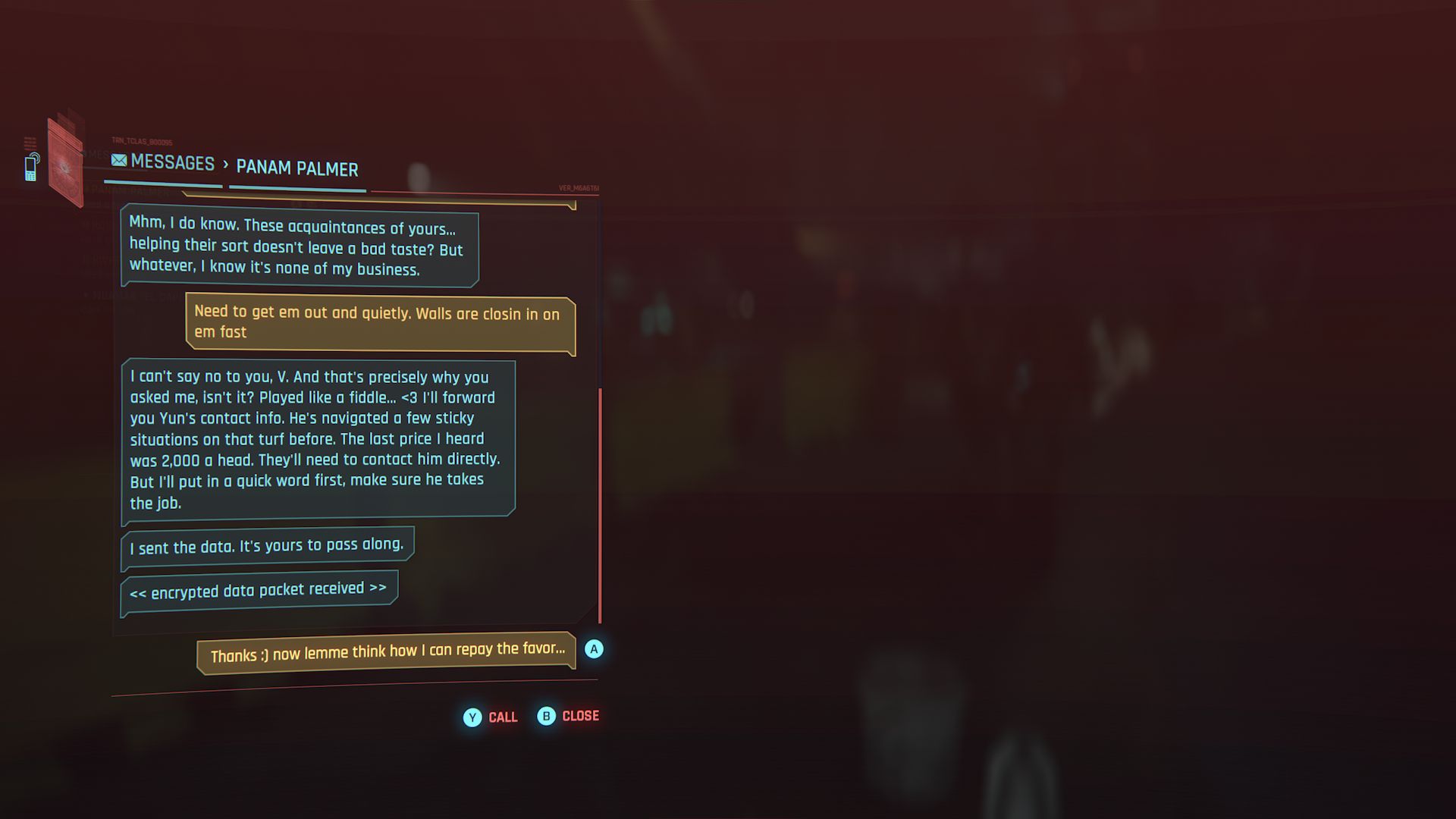 Cyberpunk 2077 Phantom Liberty Screenshot Of Panam Message About Paco And Bags