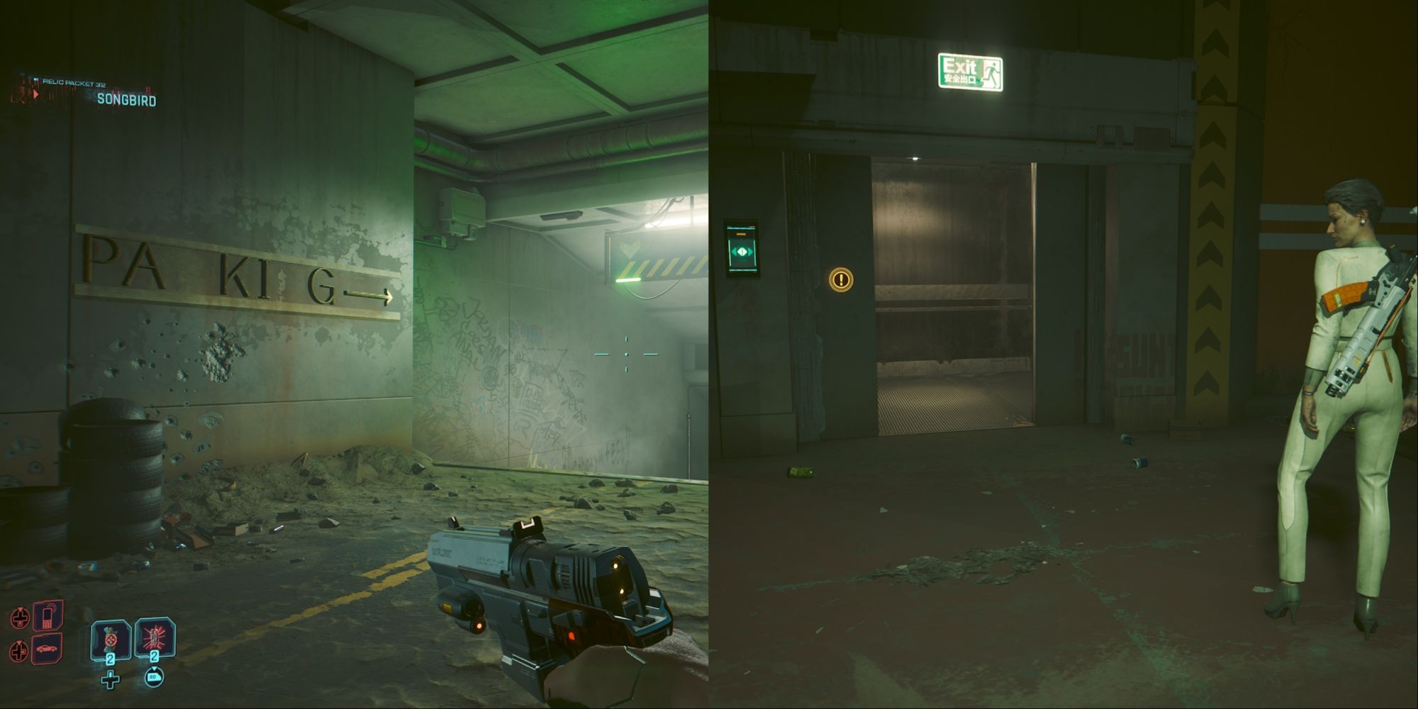Cyberpunk 2077 Phantom Liberty Split Image Of Parking Lot And Elevator