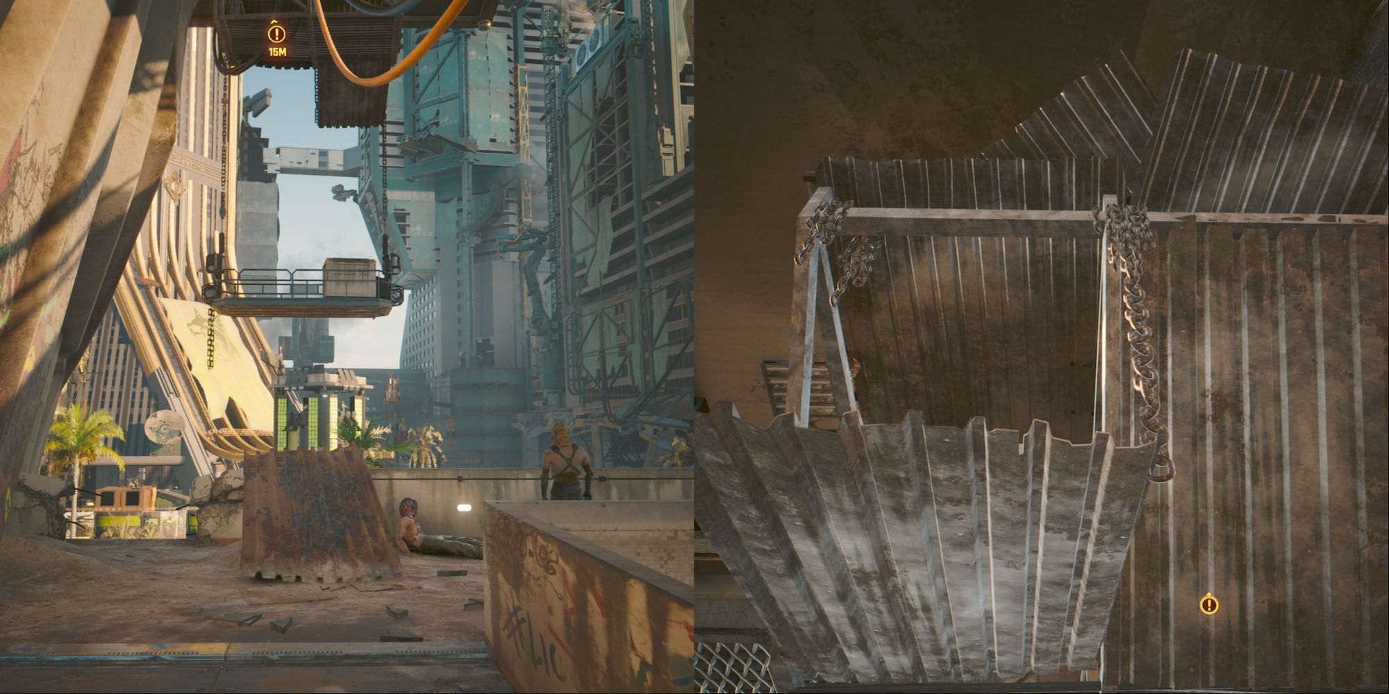 Cyberpunk 2077 Phantom Liberty Split Image Of Ramp To Hanging Lift And Metal Sheets Above