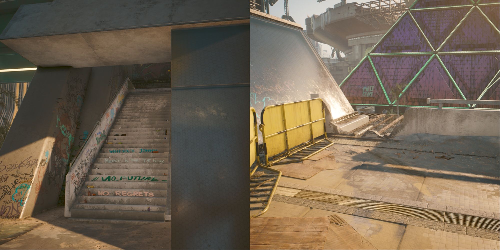 Cyberpunk 2077 Phantom Liberty Split Image Of Stairs And Catwalk