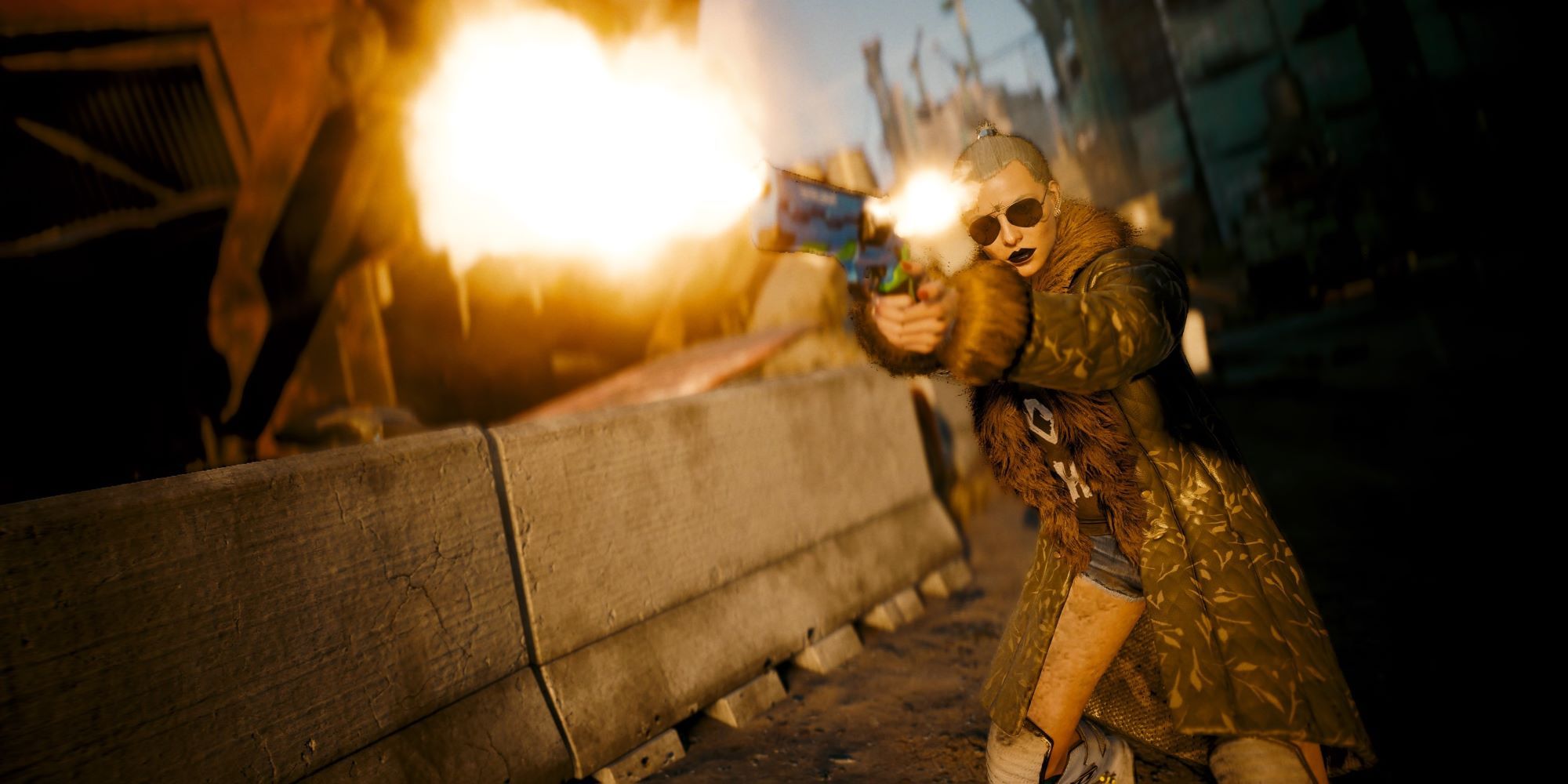 Cyberpunk 2077 V firing pistol in a fur coat