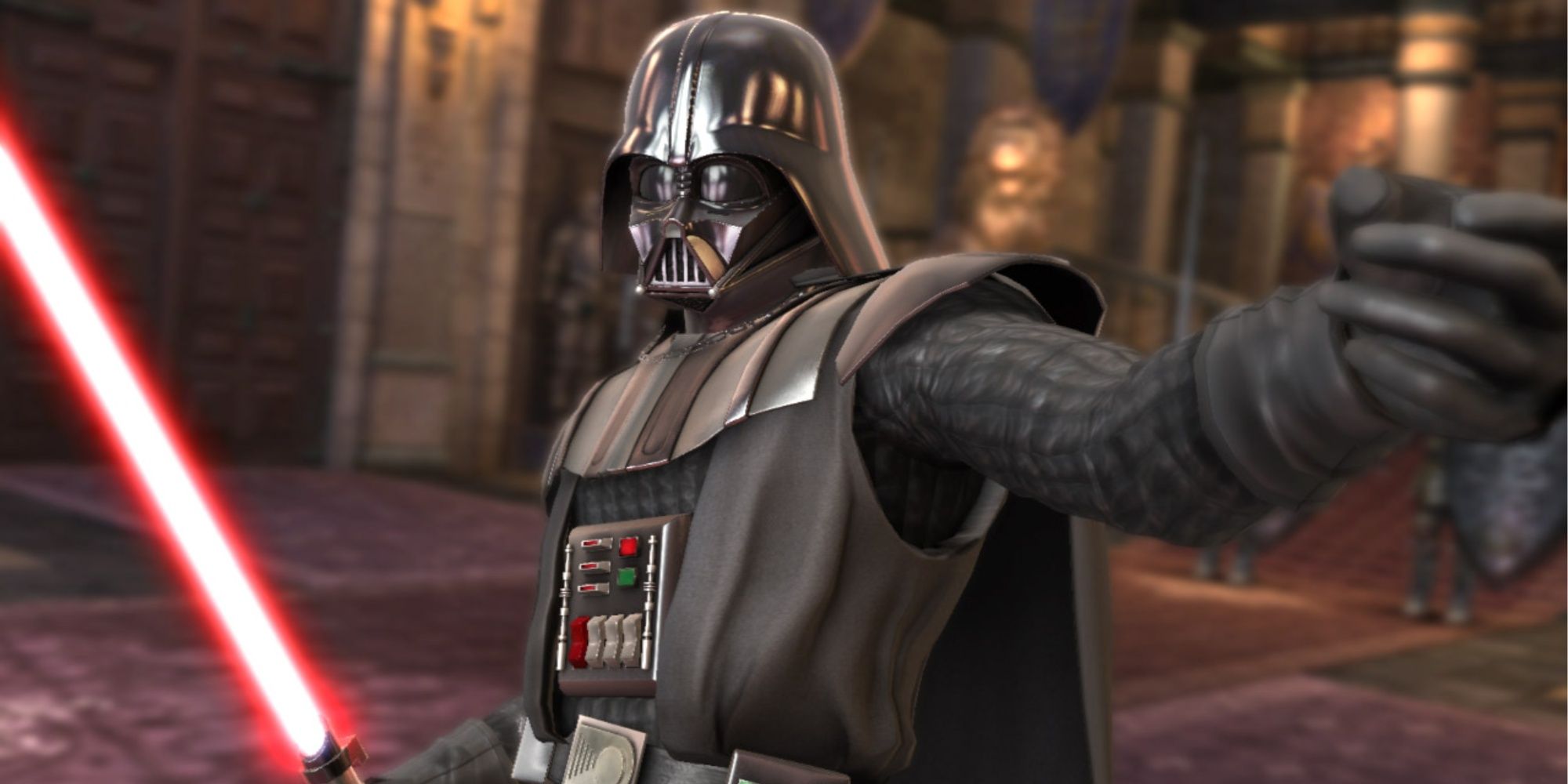 Darth Vader in Soulcalibur 4 with his lightsaber in hand.