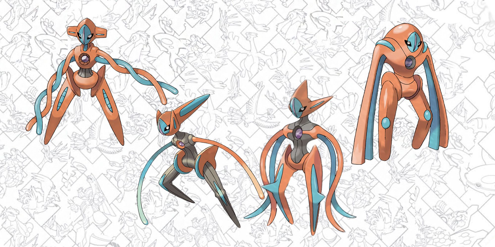 All four Deoxys forms on a stenciled Pokémon background.