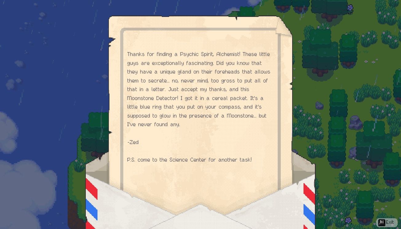 Player character opening a beige letter from Zed which details his research on a Psychic Spirit and also saying that he's attached a Moonstone Detector to the letter in Moonstone Island.