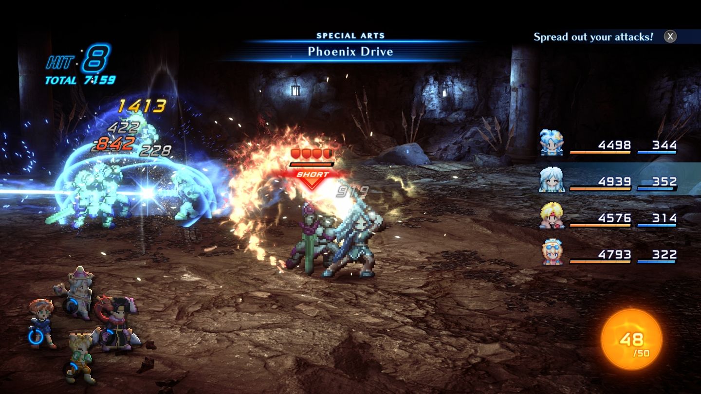 Dias' Phoenix Drive special in a battle inside a cave in Star Ocean