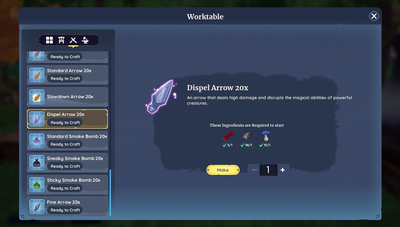 Player character in the work bench menu, showing a Dispel Arrow recipe and the description of it disabling magical abilities in Palia.