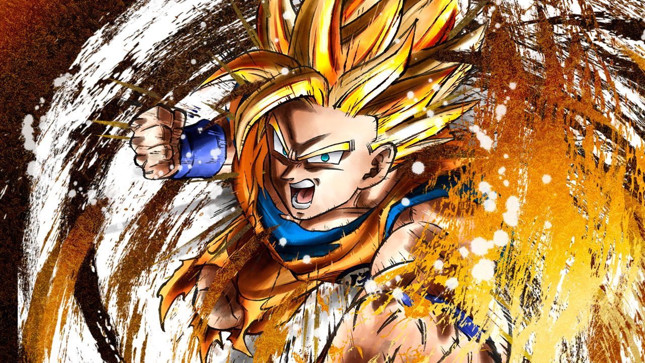Key art for Dragon Ball FighterZ, showcasing Super Saiyan Goku flying toward the screen