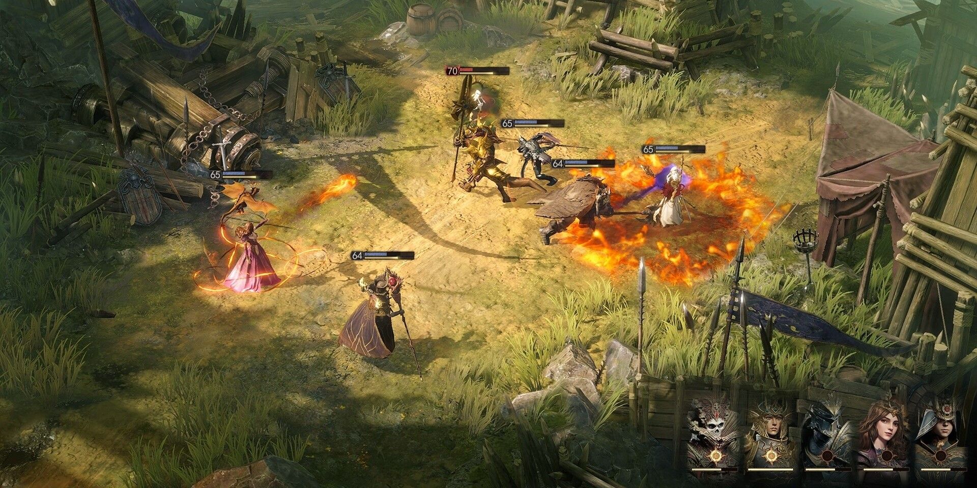 Dragonheir Silent Gods characters in combat with fireball