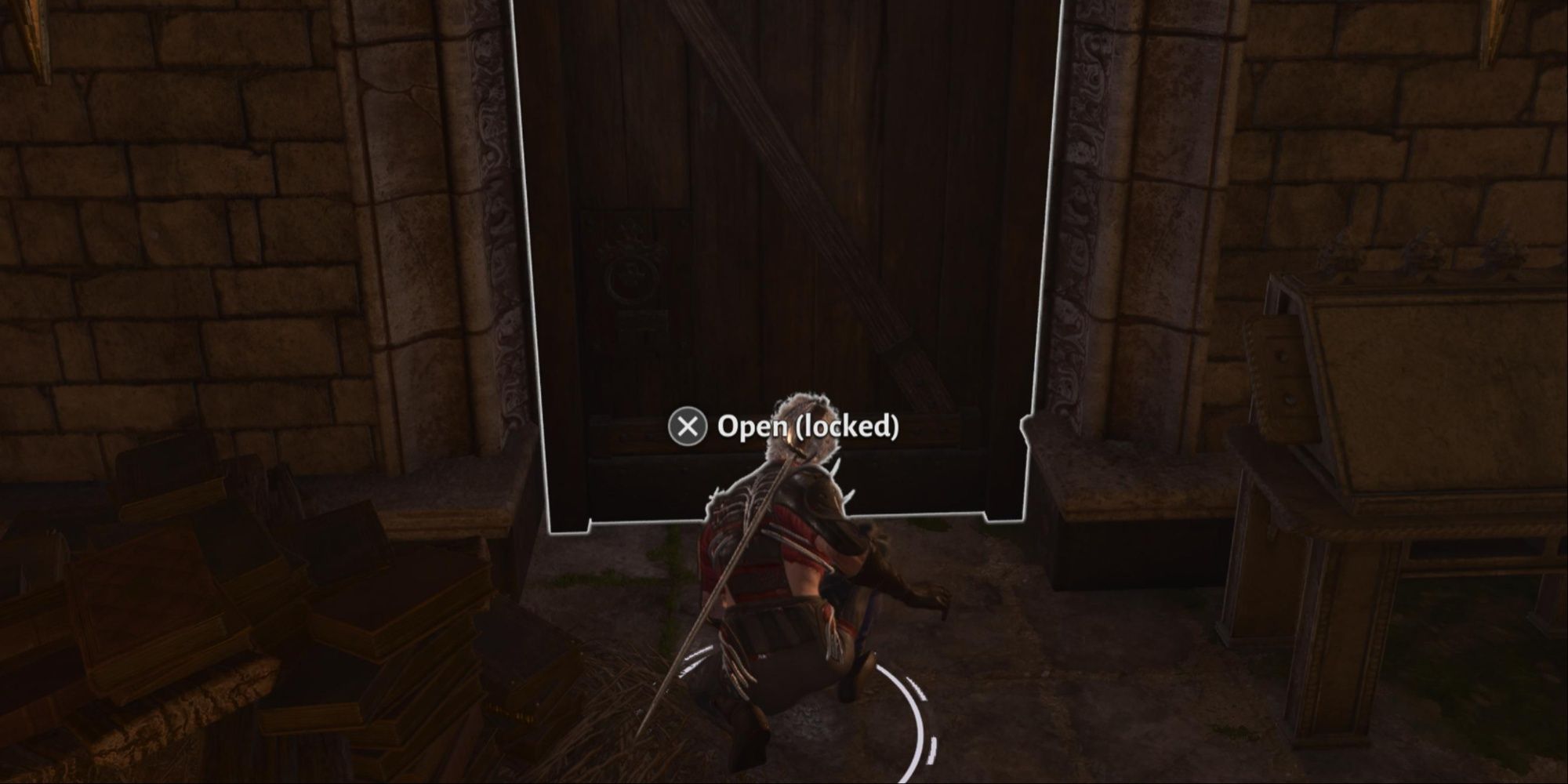Astarion about to lockpick a door in Baldur's Gate 3.