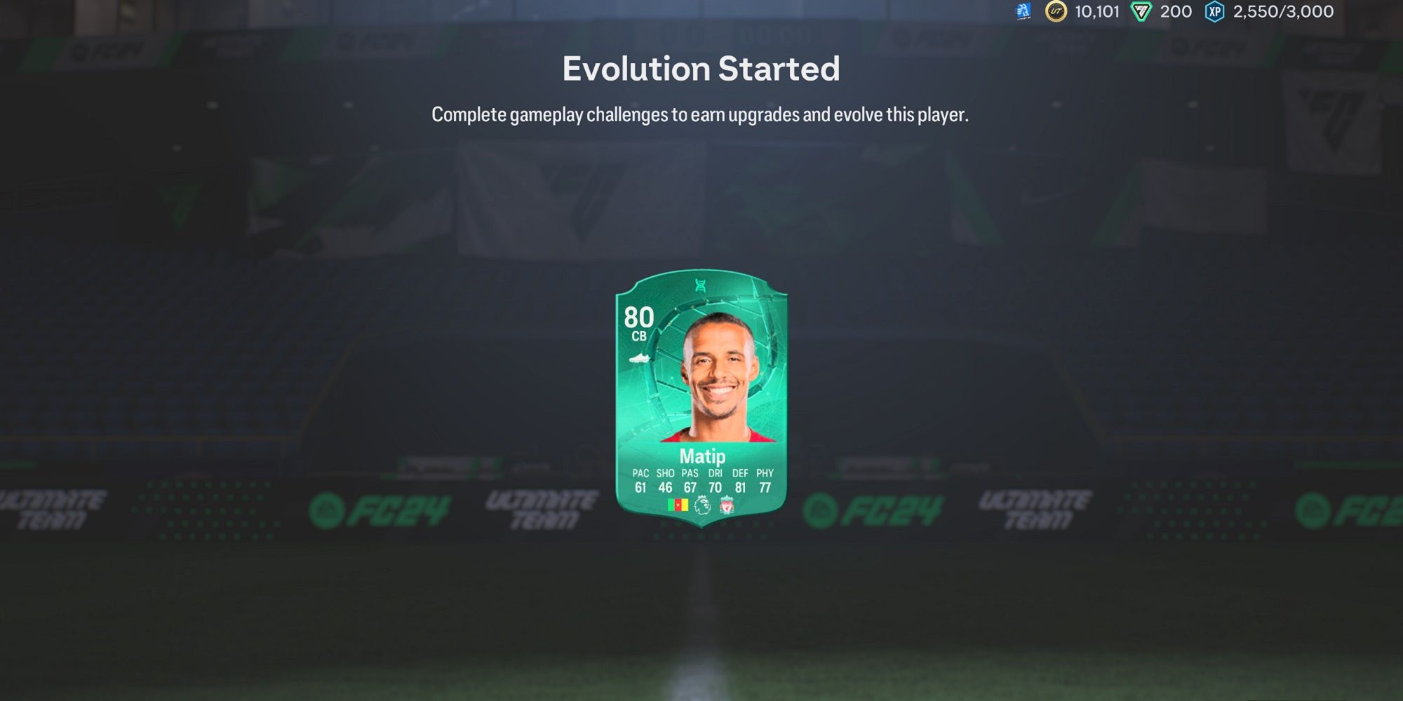 Joel Matip's 80-rated card upgraded once using the Pacey Protector Evolution