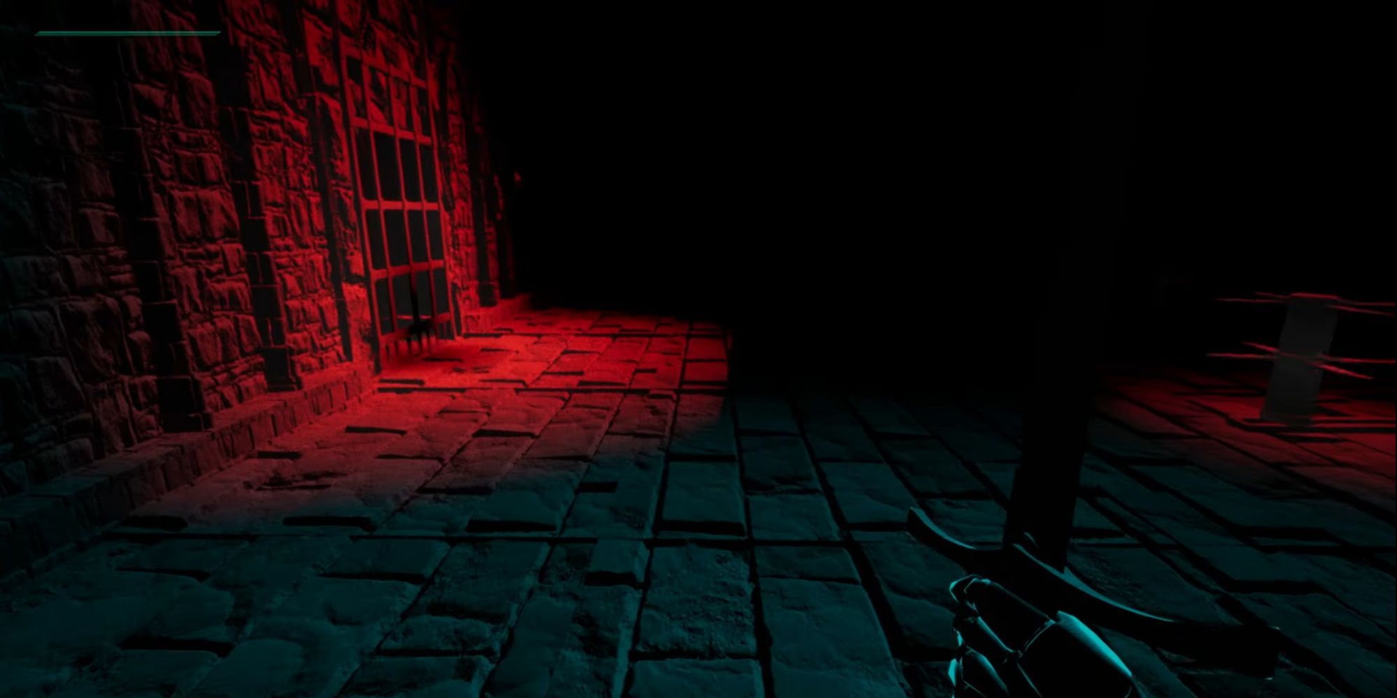 EchoBlade player walking towards a gate on the left with a trap on the right